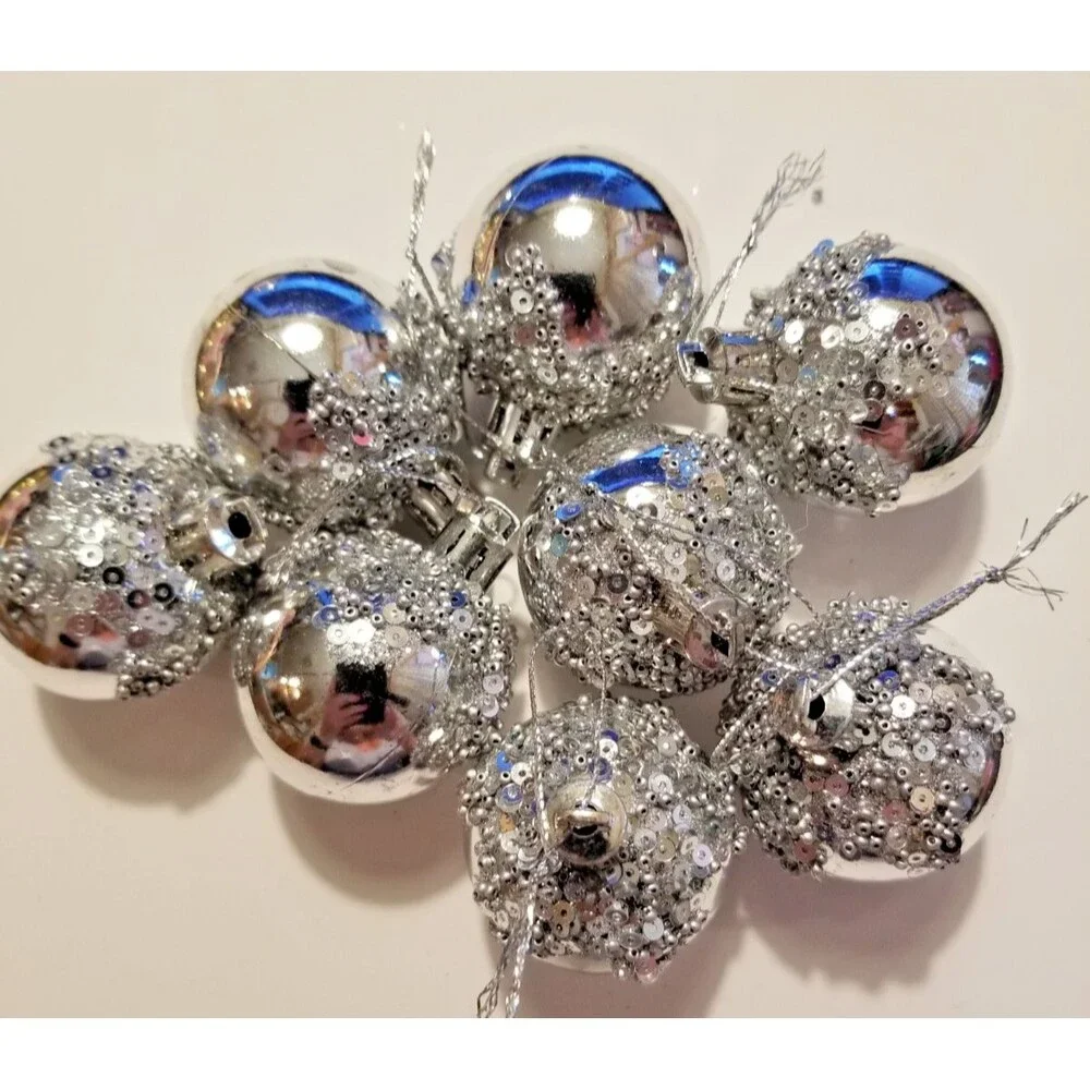 Beautiful Holiday Ornaments Silver Sequin & Bead Design Plastic Set of 9 Hanging
